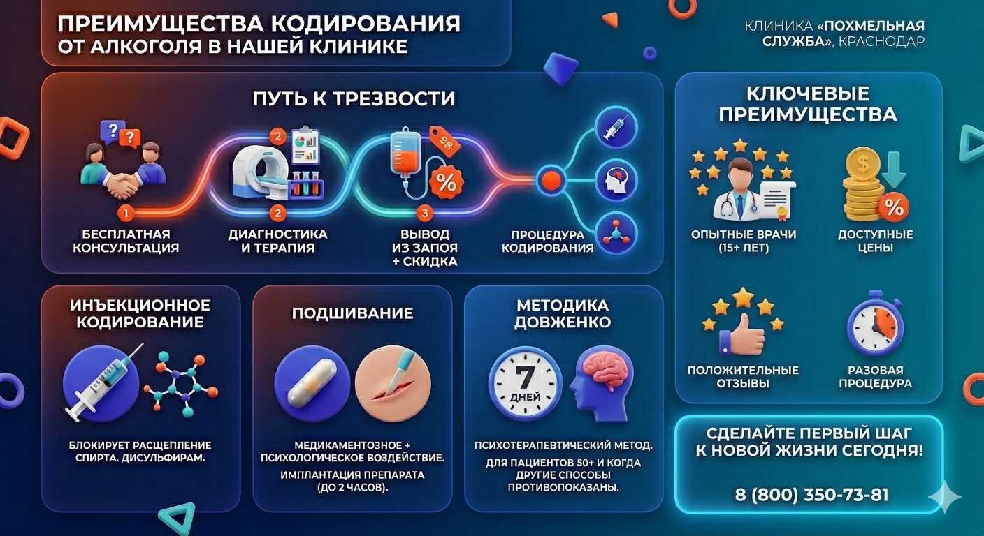 Инфографика о методах кодирования от алкоголя в Анжеро-Судженске: инъекции, подшивание, метод Довженко. Преимущества клиники и этапы лечения.