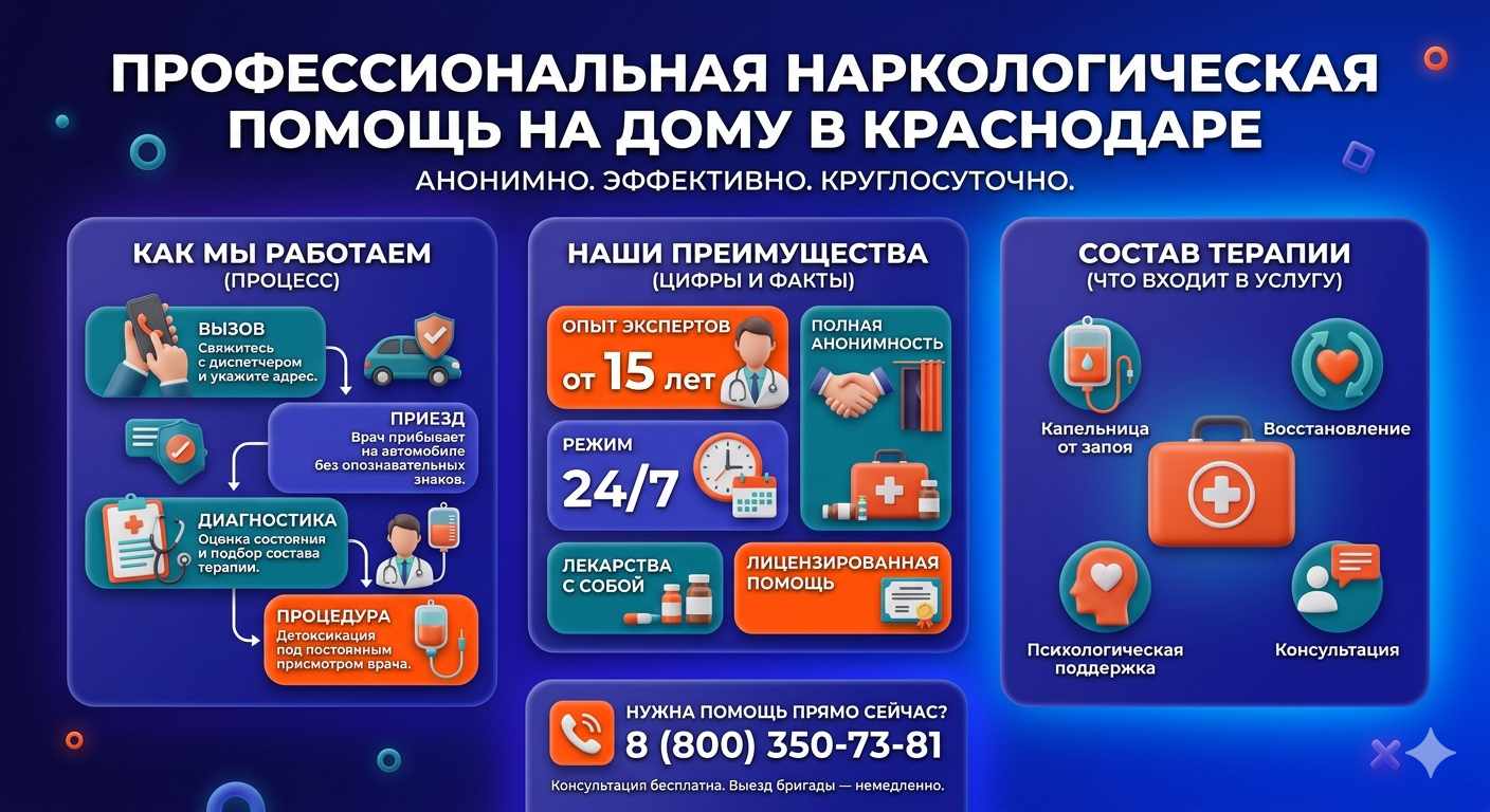 Инфографика о принципах лечения алкоголизма на дому в Анжеро-Судженске: этапы вызова нарколога, преимущества анонимной детоксикации и состав медицинской помощи.